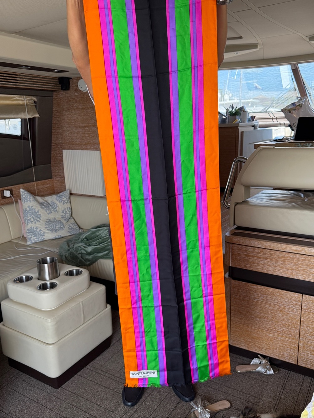 Vintage Yves Saint Laurent Orange, Black, Green & Pink Striped Silk Scarf